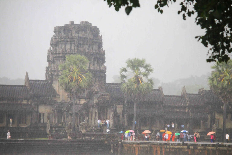 Rainy day at Angkor Wat, a historic temple complex in Siem Reap, Cambodia.