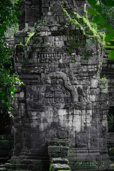 Stone carvings and moss on the ancient Prasat Preah Palilay temple in Angkor Thom, Cambodia, surrounded by green foliage.