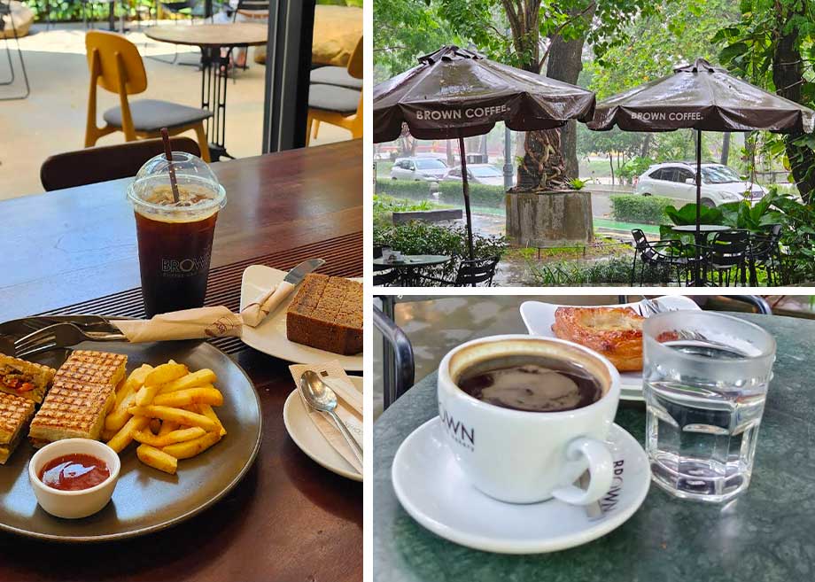 Collage of a coffee drink and food at a café, and outdoor seating at Brown Coffee in Siem Reap, during a rainy afternoon.