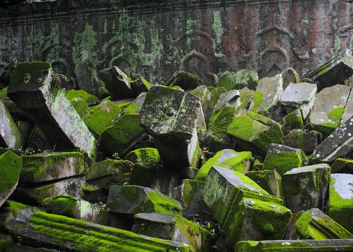 A section of Ta Prohm Temple where ancient stone columns lie fallen, untouched by restoration. Weathered by centuries, they rest among moss-covered ruins, embraced by creeping vines and towering tree roots. The passage of time is evident in the cracked surfaces and scattered stones, preserving the raw beauty of this sacred Angkorian site.